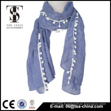 light blue color attached pom tassel cotton scarf